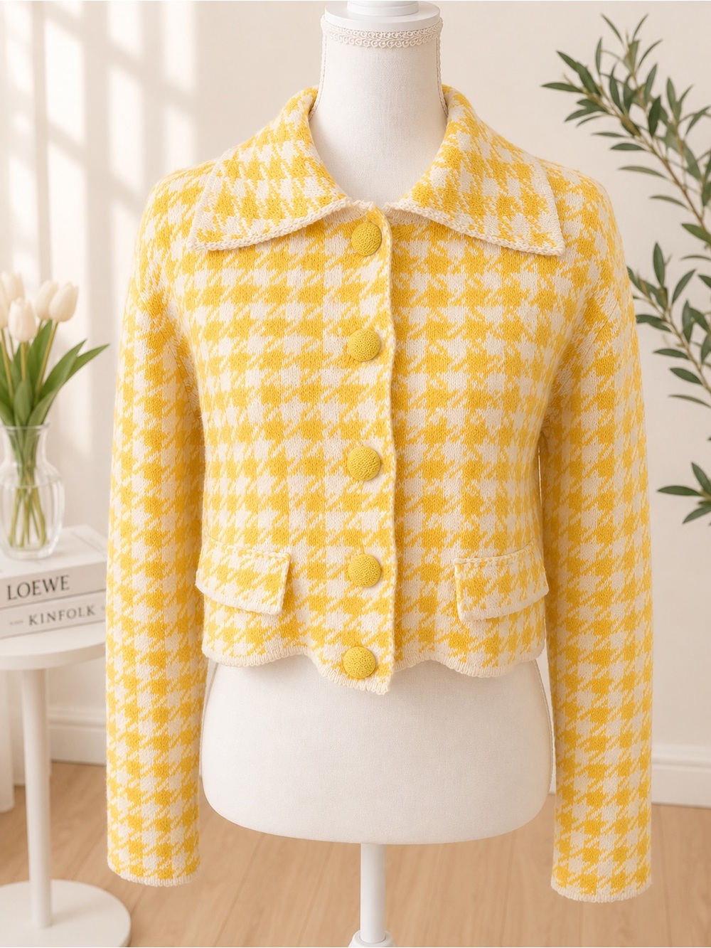 ZARA Yellow & White Houndstooth Knit Cardigan Jacket Size L NWT